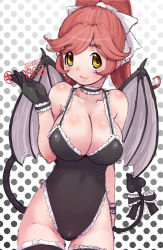 Rule 34 | 1girl, bare shoulders, breasts, choker, cowboy shot, demon girl, demon tail, demon wings, frills, kei jiei, large breasts, leotard, maid, maid leotard, solo, tail, thighhighs, unconventional maid, wings