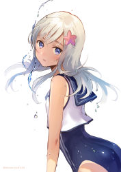 Rule 34 | 1girl, ass, bare arms, bare shoulders, blonde hair, blue eyes, blush, breasts, commentary request, crop top, flower, hair flower, hair ornament, hanekoto, highres, kantai collection, long hair, looking at viewer, neckerchief, nontraditional school swimsuit, one-piece swimsuit, one-piece tan, open mouth, ro-500 (kancolle), sailor collar, school swimsuit, school uniform, serafuku, simple background, solo, swimsuit, swimsuit under clothes, tan, tanline, twitter username, water, water drop, wet, wet hair, white background