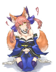 Rule 34 | 10s, 1girl, animal ears, blue thighhighs, breasts, cleavage, detached sleeves, fate/extra, fate/extra ccc, fate/grand order, fate (series), fox ears, fox tail, hair ribbon, heart, highres, japanese clothes, large breasts, looking at viewer, pink hair, ribbon, riku hamano, simple background, sitting, solo, tail, tamamo (fate), tamamo no mae (fate/extra), thighhighs, wariza, white background, yellow eyes