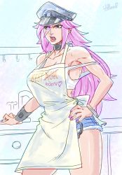 Rule 34 | 1girl, apron, blue eyes, breasts, capcom, cleavage, cuffs, denim, denim shorts, final fight, handcuffs, hat, highres, large breasts, long hair, peaked cap, pink hair, poison (final fight), short shorts, shorts, solo, street fighter, tank top, wallace pires