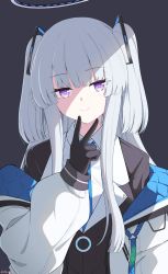 Rule 34 | 1girl, absurdres, alternate hairstyle, black background, black gloves, blue archive, blue necktie, closed mouth, collared shirt, cosplay, gloves, grey hair, halo, highres, jacket, long hair, long sleeves, looking at viewer, necktie, noa (blue archive), off shoulder, purple eyes, reia 76, shirt, sidelocks, simple background, smile, solo, two side up, upper body, v, white jacket, white shirt, yuuka (blue archive), yuuka (blue archive) (cosplay)