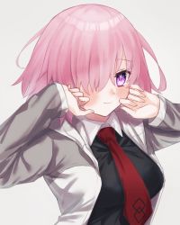 Rule 34 | 1girl, between breasts, black shirt, blush, breasts, closed mouth, collared shirt, commentary request, fate/grand order, fate (series), fingernails, grey jacket, hair over one eye, hand on own cheek, hand on own face, harukappa, highres, hood, hood down, hooded jacket, jacket, large breasts, long sleeves, looking at viewer, mash kyrielight, necktie, necktie between breasts, one eye covered, open clothes, open jacket, pink hair, purple eyes, red necktie, shirt, short hair, simple background, smile, solo, white background