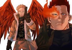 Rule 34 | 2boys, 2elu2, beard, blonde hair, blue eyes, body markings, bodysuit, bodysuit under clothes, boku no hero academia, burn scar, command input, costume, earrings, endeavor (boku no hero academia), facial hair, facial scar, feathered wings, feathers, fingerless gloves, fire, fur-trimmed jacket, fur trim, gloves, goatee, hawks (boku no hero academia), highres, implied yaoi, jacket, jewelry, looking at another, male focus, mature male, multiple boys, muscular, muscular male, mustache, pov, projected inset, pyrokinesis, reaching, reaching towards viewer, red feathers, red hair, scar, scar across eye, scar on cheek, scar on face, scar on mouth, scar on neck, short hair, sideburns, skin tight, spiked hair, straight-on, stubble, stud earrings, toned, toned male, turtleneck, very short hair, wings, yellow eyes