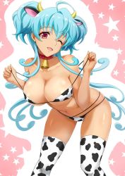 Rule 34 | 1girl, animal ears, animal print, bell, bikini, blue hair, blush, breasts, cagliostro (symphogear), chinese zodiac, cleavage, collar, covered erect nipples, cow ears, cow horns, cow print, fake animal ears, fake horns, highres, horns, kojirou (kojiou3), large breasts, looking at viewer, navel, neck bell, one eye closed, open mouth, senki zesshou symphogear, smile, solo, swimsuit, thighhighs over boots, year of the ox