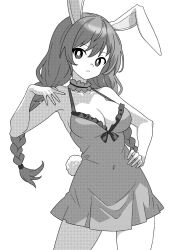 Rule 34 | 1girl, animal ears, bad anatomy, bad arm, breasts, cleavage, closed mouth, collarbone, covered navel, cowboy shot, greyscale, hair between eyes, hand on own hip, long hair, medium breasts, monochrome, onkn sxkn, rabbit ears, rabbit tail, seiran (touhou), simple background, solo, tail, touhou, white background