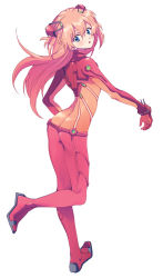 Rule 34 | 1girl, ass, bad id, bad pixiv id, blue eyes, blush, bodysuit, breasts, butt crack, full body, hair ornament, interface headset, long hair, long legs, mozzu, multicolored clothes, neon genesis evangelion, open mouth, orange hair, plugsuit, rebuild of evangelion, simple background, skin tight, solo, souryuu asuka langley, test plugsuit, white background