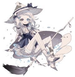 Rule 34 | blue eyes, boots, bow, breasts, broom, cleavage, dress, floating, grey eyes, hair bow, hat, heterochromia, long sleeves, looking at viewer, original, sailor collar, short hair, smile, white hair, witch, witch hat, yanafle