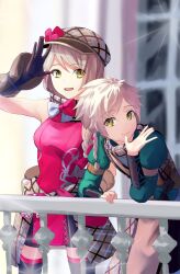 Rule 34 | 1boy, 1girl, aoisu ao, balcony, bow, braid, brother and sister, clanne (fire emblem), dress, fire emblem, fire emblem engage, framme (fire emblem), gauntlets, gloves, grey hair, hat, hat bow, highres, long sleeves, looking at viewer, nintendo, pink ribbon, ribbon, short hair, siblings, sleeveless, sleeveless dress, smile, twins, yellow eyes