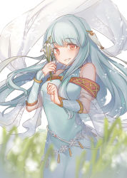 Rule 34 | 1girl, blue hair, fire emblem, fire emblem: the blazing blade, fire emblem heroes, flower, grass, haiyun, highres, light blue dress, light blue hair, looking at viewer, ninian, nintendo, red eyes, shawl, simple background, smile, snowflakes, solo, white flower
