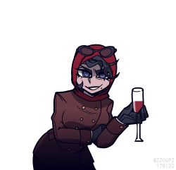 Rule 34 | 1girl, alcohol, artist name, black hair, black lips, blue eyes, brown jacket, buttons, commentary, cup, dated, double-breasted, drinking glass, english commentary, eyewear on head, genderswap, genderswap (mtf), head scarf, helltaker, highres, holding, holding cup, jacket, leaning forward, long sleeves, looking at viewer, mole, mole under mouth, red scarf, red spy (tf2), scarf, simple background, solo, spy (tf2), sunglasses, team fortress 2, transparent background, upper body, vanripper (style), wine, wine glass, zzoupz