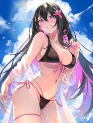 Rule 34 | 1girl, alternate costume, azki (hololive), bare shoulders, bikini, black bikini, black hair, blue sky, blush, breasts, cleavage, cloud, cloudy sky, colored inner hair, commentary request, cowboy shot, day, from below, front-tie bikini top, front-tie top, hair ornament, highres, hololive, large breasts, looking at viewer, multicolored hair, off shoulder, omoti (1201208), pink eyes, pink hair, side-tie bikini bottom, sky, smile, solo, streaked hair, swimsuit, thigh strap, thighs, virtual youtuber, white hair