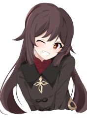 Rule 34 | 1girl, absurdres, black jacket, brown hair, commentary request, cropped torso, day mello, genshin impact, grin, highres, hu tao (genshin impact), jacket, long hair, looking at viewer, low twintails, one eye closed, red eyes, red shirt, shirt, smile, solo, symbol-shaped pupils, twintails, upper body, very long hair, wink