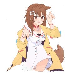 Rule 34 | 1girl, absurdres, animal collar, animal ears, blue bow, blush, bone hair ornament, bow, bracelet, braid, breasts, brown eyes, brown hair, claw pose, collar, dog ears, dog girl, dog tail, double-parted bangs, dress, extra ears, hair between eyes, hair ornament, hairclip, highres, hikkishi, hololive, inugami korone, inugami korone (1st costume), jacket, jewelry, large breasts, low twin braids, open clothes, open jacket, red bow, red collar, short dress, simple background, sleeveless, sleeveless dress, solo, tail, tongue, tongue out, twin braids, virtual youtuber, white background, white dress, yellow jacket