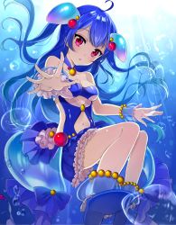 Rule 34 | 1girl, bad id, bad pixiv id, blue hair, blue one-piece swimsuit, clothing cutout, detached collar, dress, fish, hair ornament, highres, jellyfish, light, long hair, looking at viewer, navel, navel cutout, noa (shironeko project), one-piece swimsuit, open mouth, outstretched arm, red eyes, satoimo chika, shironeko project, sitting, solo, swimsuit, underwater