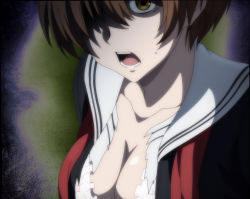 Rule 34 | 1girl, anime screenshot, breasts, cleavage, collarbone, highres, kokorogi yutori, large breasts, stitched, third-party edit, tomodachi game, torn clothes