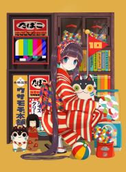 Rule 34 | 1girl, black hair, blue eyes, bookshelf, button eyes, buttons, cabinet, candy, cat mask, chewing gum, closed mouth, food, from side, gashapon, gashapon machine, gumball, gumball machine, headdress, highres, holding, holding mask, japanese clothes, jar, kimono, kokeshi, long hair, looking at viewer, mask, obi, original, pennant, poster (object), red kimono, sandals, sash, simple background, socks, solo, squatting, striped clothes, striped kimono, television, twintails, usamochi., usamochi (7290381), very long hair, white socks, yellow background