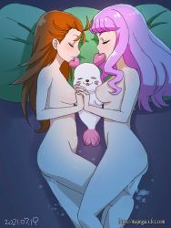 Rule 34 | 1other, 2021, 2girls, aftersex, breasts, brown hair, dated, closed eyes, female focus, ginko (silver fox), holding hands, laura (precure), long hair, multiple girls, natsuumi manatsu, nipples, nude, pillow, precure, purple hair, pussy juice, sleeping, small breasts, tropical-rouge! precure, watermark, web address, yuri