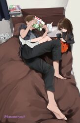 Rule 34 | 1boy, 1girl, absurdres, against wall, age difference, barefoot, bed, bed sheet, black pants, black shirt, book, brother and sister, brown eyes, brown hair, covering face, feet, handheld game console, highres, honjou ruri, honnryou hanaru, legs up, long hair, lying, nintendo ds, on side, orange skirt, original, pants, pillow, playing games, reading, revision, shirt, short hair, siblings, sitting, skirt, socks, twitter username