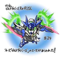 Rule 34 | chibi, copyright name, dual wielding, energy sword, episode number, gn drive, green eyes, gundam, gundam 00 sky moebius, gundam build divers, gundam build divers re:rise, holding, mecha, no humans, oyomesandazo, robot, sword, v-fin, weapon