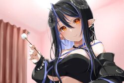 Rule 34 | 1girl, bandeau, belt, black bandeau, black belt, black hair, black jacket, blue belt, blue hair, blush, breasts, brown eyes, brown nails, chest belt, closed mouth, commentary request, curled horns, curtains, demon girl, demon horns, earrings, fingernails, fuyuno taka, grey horns, hair between eyes, hebiyoi tier, hebiyoi tier (1st costume), highres, horns, indoors, jacket, jewelry, lap pov, large breasts, long hair, long sleeves, looking at viewer, mimikaki, multicolored hair, nanashi inc., off shoulder, open clothes, open jacket, pointy ears, sidelocks, smile, solo, two-tone hair, upper body, virtual youtuber, zipper