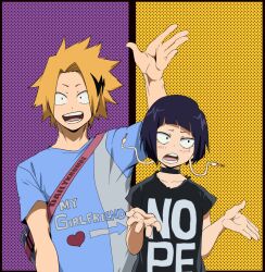 1boy 1girl bag black_eyes blonde_hair blush boku_no_hero_academia choker height_difference hetero jirou_kyouka kaminari_denki krumbs_(dailykrumbs) purple_hair short short_hair standing yellow_eyes