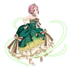 Rule 34 | 1girl, anklet, bow, closed mouth, dress, freckles, full body, green dress, hand on own hip, high heels, highres, jewelry, layered dress, lisbeth (sao-alo), long dress, looking at viewer, necklace, official art, pink hair, pointy ears, pumps, red eyes, short hair, sleeveless, sleeveless dress, smile, solo, standing, strapless, strapless dress, sword art online, sword art online: memory defrag, transparent background, white bow, white footwear