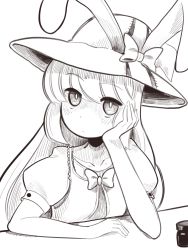 Rule 34 | 1girl, absurdres, animal ears, boa (brianoa), brown theme, closed mouth, commentary, eyes visible through hair, hat, highres, irisu kyouko, irisu shoukougun!, long hair, looking at viewer, monochrome, rabbit ears, solo, witch hat