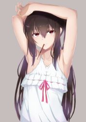 Rule 34 | 1girl, armpits, arms up, black hair, blush, food, grey background, k-on!, kameponde, long hair, looking at viewer, nakano azusa, pocky, red eyes, ribbon-trimmed clothes, ribbon trim, solo, twintails