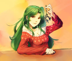 Rule 34 | 1girl, aerlai, bare shoulders, breasts, brown eyes, christmas, cleavage, contemporary, earrings, elincia ridell crimea, fire emblem, fire emblem: path of radiance, green hair, highres, holding, holding mistletoe, jewelry, long hair, looking at viewer, mistletoe, nintendo, solo, stud earrings, sweater