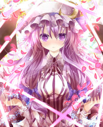 Rule 34 | 1girl, bad id, bad pixiv id, blush, crescent, dress, female focus, hair ribbon, hat, lights, long hair, nanase nao, patchouli knowledge, petals, purple eyes, purple hair, ribbon, solo, striped clothes, striped dress, touhou
