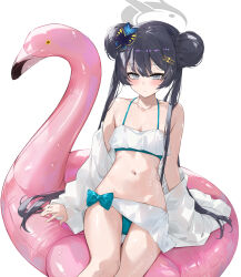 1girl aqua_bikini bare_shoulders bikini black_hair blue_archive blush braid braided_bun breasts butterfly_hair_ornament commentary dema_hmw double_bun grey_eyes hair_bun hair_ornament halo highres inflatable_flamingo innertube kisaki_(blue_archive) long_hair looking_at_viewer navel off_shoulder shirt small_breasts solo swim_ring swimsuit thighs twintails white_bikini white_shirt