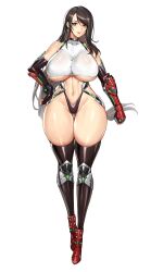 Rule 34 | 1girl, black hair, bodysuit, boots, breasts, curvy, earrings, elbow gloves, final fantasy, final fantasy vii, fingerless gloves, gloves, gluteal fold, gurimjang, hand on own hip, highres, huge breasts, jewelry, leotard, long hair, looking at viewer, red eyes, revealing clothes, shiny skin, skin tight, smile, solo, taimanin suit, thighhighs, thong leotard, tifa lockhart, underboob, wide hips