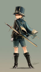 Rule 34 | 1boy, artist name, boots, brown eyes, brown hair, from behind, full body, gloves, hat, jacket, jacket on shoulders, looking at viewer, looking back, male focus, noeyebrow (mauve), original, short hair, shorts, smile, solo, standing, sword, weapon
