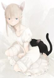 Rule 34 | 1girl, animal ear fluff, animal ears, barefoot, black cat, blonde hair, blue eyes, blunt bangs, cat, cat ears, cat tail, closed eyes, closed mouth, collarbone, commentary, dress, full body, hair ornament, hairclip, hands on lap, highres, junito715, kneeling, knees, lace, lace-trimmed dress, lace trim, light frown, long dress, long hair, looking at viewer, original, puffy short sleeves, puffy sleeves, short sleeves, simple background, solo, square neckline, symbol-only commentary, tail, toes, white background, white dress, white sleeves