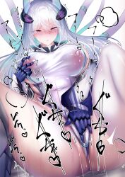 Rule 34 | 1girl, :o, azur lane, blush, breasts, cable, commentary request, covered erect nipples, covered navel, female masturbation, fingering, fingering through clothes, gluteal fold, hair between eyes, hair ornament, highres, jacket, kearsarge (azur lane), large breasts, leotard, long hair, masturbation, masturbation day, mechanical gloves, motion lines, nipple stimulation, nipple tweak, nipples, open mouth, purple eyes, pussy juice, see-through, semi3 3, solo, sound effects, sweat, taut leotard, thighhighs, thong leotard, through clothes, white background, white hair, white jacket, white leotard, white thighhighs
