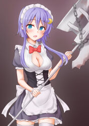 Rule 34 | alternate breast size, alternate costume, anti (untea9), apron, axe, black background, blue eyes, bow, bowtie, breasts, cleavage, cleavage cutout, clothing cutout, corset, crescent, crescent hair ornament, dress, enmaided, frilled apron, frills, gradient background, grey dress, hair ornament, highres, holding, holding weapon, kantai collection, maid, maid headdress, purple hair, red bow, red bowtie, short hair, short hair with long locks, thighhighs, weapon, white apron, white thighhighs, yayoi (kancolle)