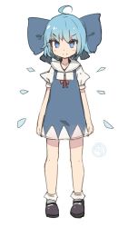 Rule 34 | &gt;:), 1girl, ahoge, arms at sides, blue bow, blue dress, blue eyes, blue hair, blush stickers, bobby socks, bow, circled 9, cirno, dress, full body, large bow, looking at viewer, puffy short sleeves, puffy sleeves, shoes, shone, short sleeves, simple background, smile, socks, solo, touhou, v-shaped eyebrows, white background