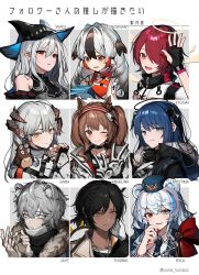 Rule 34 | 2boys, 6+girls, :d, ;), angelina (arknights), animal ear fluff, animal ears, arknights, bad id, bad twitter id, bare shoulders, bear ears, bird, black gloves, black hair, black headwear, blue eyes, blue hair, braid, brown eyes, character name, commentary request, dark skin, double v, eojjeodagaileohgedwaessji, exusiai (arknights), fingerless gloves, fox ears, gloves, hair between eyes, hair over one eye, hairband, halo, hand up, heterochromia, highres, horns, jaye (arknights), korean commentary, long hair, looking at viewer, mostima (arknights), multicolored hair, multiple boys, multiple girls, nail polish, one eye closed, open mouth, orange nails, owl, parted lips, red eyes, red hair, red hairband, rosa (arknights), saria (arknights), short hair, silver hair, single braid, skadi (arknights), smile, snowsant (arknights), thorns (arknights), upper body, v, white gloves