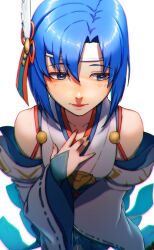Rule 34 | 1girl, aduti momoyama, bare shoulders, blue eyes, blue hair, bob cut, catria (fire emblem), catria (winds offered) (fire emblem), feather hair ornament, feathers, fire emblem, fire emblem: mystery of the emblem, fire emblem heroes, from above, hair ornament, hand on own chest, headband, highres, japanese clothes, lips, looking to the side, nintendo, official art, short hair, solo