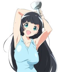 Rule 34 | 1girl, :d, armpits, arms up, blue eyes, blue shirt, breasts, collarbone, dumbbell, dumbbell nan kilo moteru?, large breasts, looking at viewer, open mouth, shirt, simple background, sleeveless, sleeveless shirt, smile, solo, souryuuin akemi, umanosuke, white background