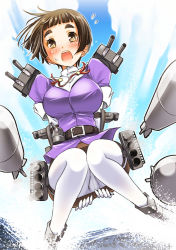 Rule 34 | 10s, 1girl, blue sky, blush, breasts, brown eyes, brown hair, crotch seam, day, flying sweatdrops, kantai collection, large breasts, looking at viewer, machinery, meme, myoukou (kancolle), open mouth, pantyhose, short hair, sky, sogabe toshinori, solo, sweat, torpedo, turret, waterskiing (meme), white pantyhose