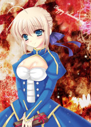 Rule 34 | 1girl, ahoge, artoria pendragon (fate), bad id, bad pixiv id, bitter crown, blonde hair, blush, breasts, cleavage, cleavage cutout, clothing cutout, dress, fate/stay night, fate (series), gift, hair ribbon, highres, large breasts, puffy sleeves, ribbon, saber (fate), smile, solo, valentine