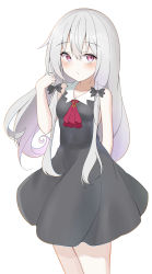 Rule 34 | 1girl, absurdres, bare arms, bare shoulders, black dress, black ribbon, blush, breasts, closed mouth, collarbone, collared dress, commentary request, dress, grey hair, hair between eyes, hair ribbon, highres, k12040707, looking at viewer, red eyes, ribbon, simple background, sleeveless, sleeveless dress, small breasts, solo, sophie twilight, standing, tonari no kyuuketsuki-san, white background