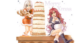 Rule 34 | 2girls, blue eyes, boots, cake, christmas, food, crossed legs, long hair, multiple girls, open mouth, original, pastry, red hair, sitting, white hair, yamamoto yamato, yellow eyes