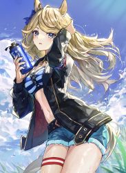 Rule 34 | 1girl, absurdres, animal ears, arm behind head, arm up, bad id, bad pixiv id, bandeau, belt, black belt, black choker, blonde hair, blue eyes, blue sky, blush, bottle, bow, breasts, chain, choker, cleavage, cloud, commentary request, cowboy shot, cutoffs, day, denim, denim shorts, ear bow, ear covers, gold chain, gold city (umamusume), grass, hands up, highres, holding, holding bottle, horse ears, horse girl, horse tail, jacket, light rays, long hair, long sleeves, looking at viewer, medium breasts, midriff, multicolored nails, nail polish, navel, no gloves, open clothes, open jacket, outdoors, parted lips, partial commentary, shino sto, shorts, sidelocks, sky, solo, standing, sunbeam, sunlight, sweat, swept bangs, tail, thigh strap, umamusume, water