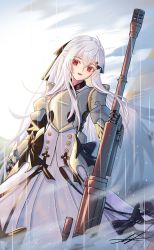 Rule 34 | 1girl, adapted costume, anti-materiel rifle, armor, armored dress, bolt action, bullpup, female knight, gauntlets, girls&#039; frontline, grey hair, gun, highres, iws 2000 (girls&#039; frontline), knight, long hair, needlegun, prototype design, red eyes, rifle, sniper rifle, solo, steyr arms, steyr iws 2000, steyr mannlicher, unitaka, very long hair, weapon, white hair