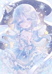 Rule 34 | 1girl, bell, blue capelet, blue dress, blush, capelet, commentary request, dress, flipped hair, gradient background, grey background, hat, highres, layered dress, long hair, looking at viewer, mishiro (iromishiro), open mouth, original, pastel colors, ribbon, santa hat, smile, snowflakes, star (symbol), stuffed animal, stuffed cat, stuffed toy, twitter username, waving, white eyes, white hair, white ribbon