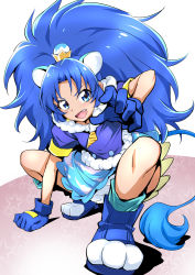 Rule 34 | 10s, 1girl, :d, animal ears, blue eyes, blue footwear, blue gloves, blue hair, blue shirt, blue skirt, cat ears, cat tail, crown, cure gelato, extra ears, full body, gloves, highres, kirakira precure a la mode, lion ears, lion tail, long hair, looking at viewer, magical girl, mini crown, nakahira guy, open mouth, petticoat, precure, shirt, shoes, skirt, smile, solo, squatting, tail, tategami aoi