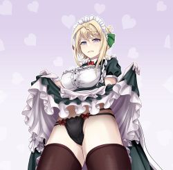 Rule 34 | 1girl, absurdres, apron, black panties, black thighhighs, blonde hair, blush, braid, braided bun, breasts, buttons, closed mouth, clothes lift, dress, dress lift, gloves, gradient background, green dress, hair bun, heart, heart background, highres, kantai collection, large breasts, lifting own clothes, maid headdress, panties, perth (kancolle), puffy short sleeves, puffy sleeves, purple eyes, short hair, short sleeves, solo, thighhighs, tk8d32, underwear, waist apron, white apron, white gloves