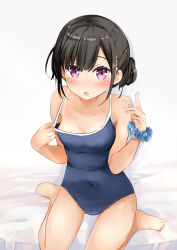 Rule 34 | 1girl, barefoot, black hair, blue one-piece swimsuit, blue scrunchie, blush, breasts, clothes pull, collarbone, commentary request, covered navel, full body, hair bun, hands up, highres, index finger raised, looking at viewer, miyuki (yxbt7), one-piece swimsuit, one-piece swimsuit pull, open mouth, original, pulled by self, purple eyes, school swimsuit, scrunchie, side bun, simple background, single side bun, sitting, small breasts, solo, swimsuit, wariza, white background, wrist scrunchie